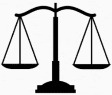A simple black silhouette of a balanced scale symbolizing justice.
