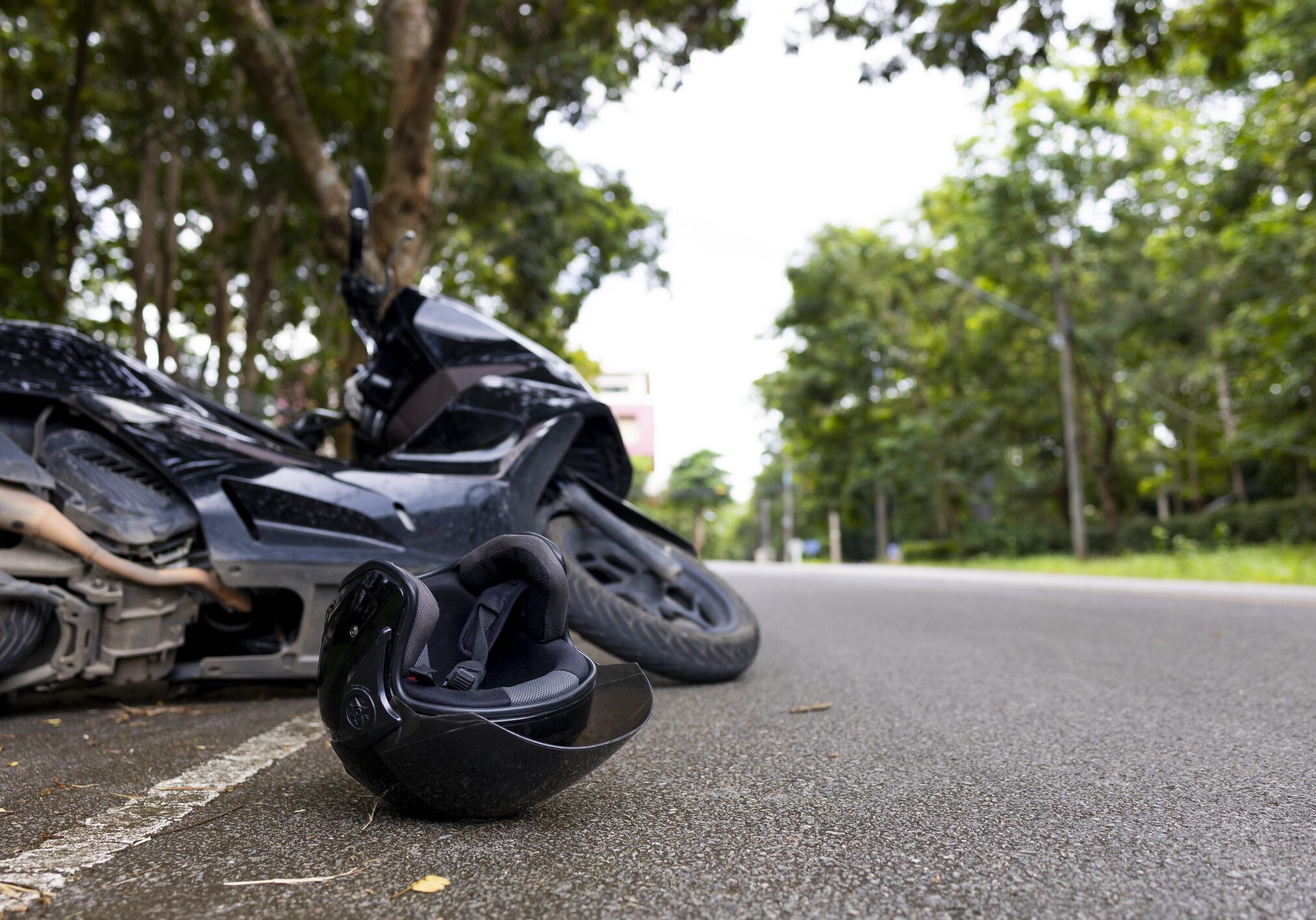 Motorcycle helmet and bike lying on the roadside under trees.