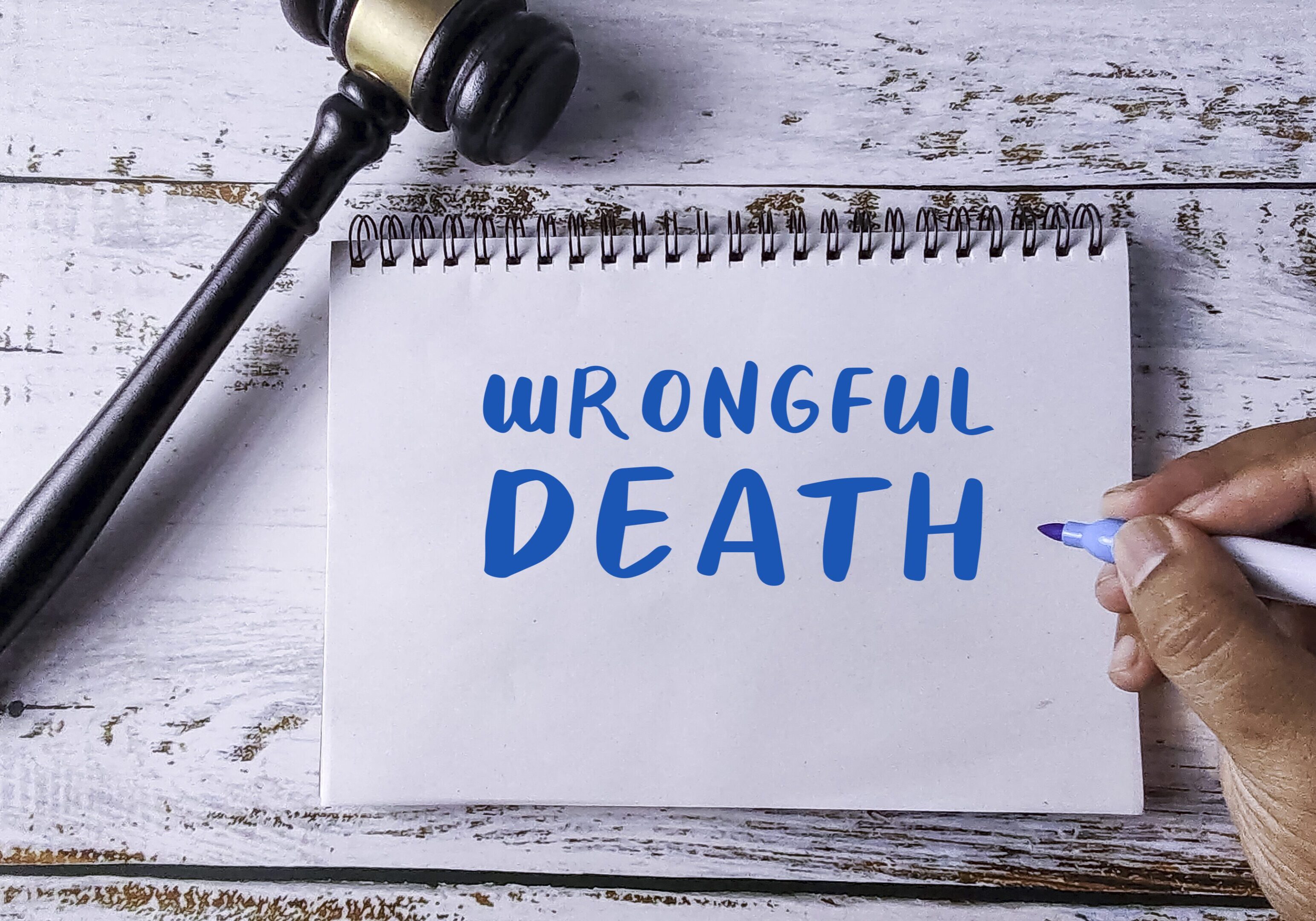 Notepad with 'Wrongful Death' text and a judge's gavel.